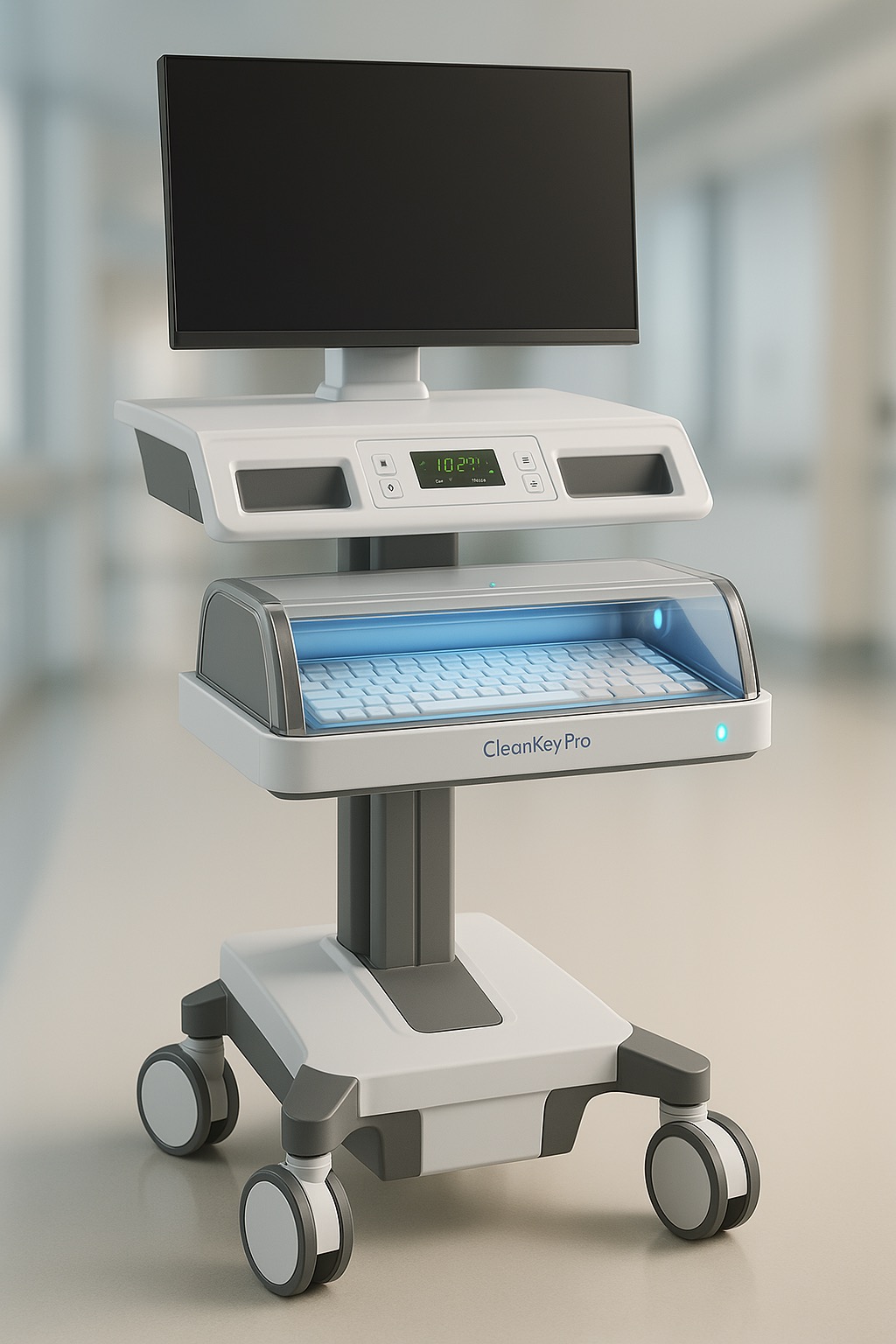CleanKey Pro UV-C Keyboard Sanitizer integrated with medical workstation